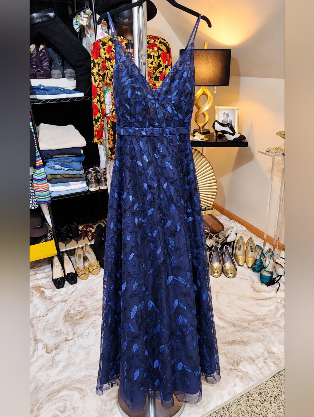 JJs House Navy Blue Leaf-Pattern Midi Dress